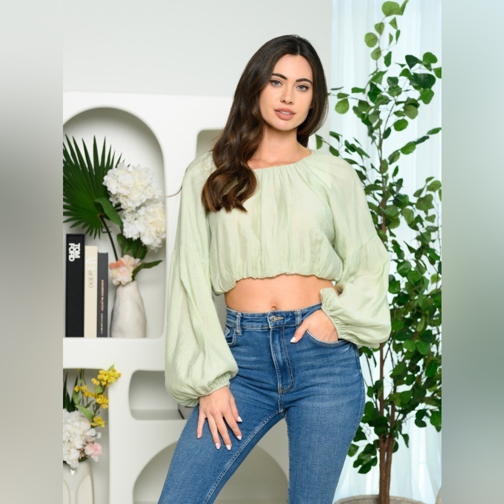 NWT Emory Park Mint Colored Cropped Blouson Long Sleeve Top